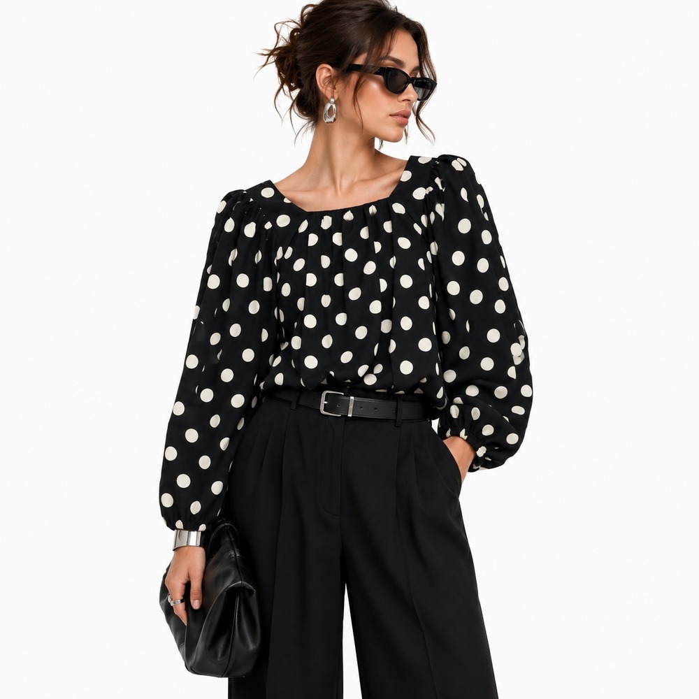 OTT Polka Dot Sleeve Blouse Womens S Luxury Puff Sleeve Black White Chic